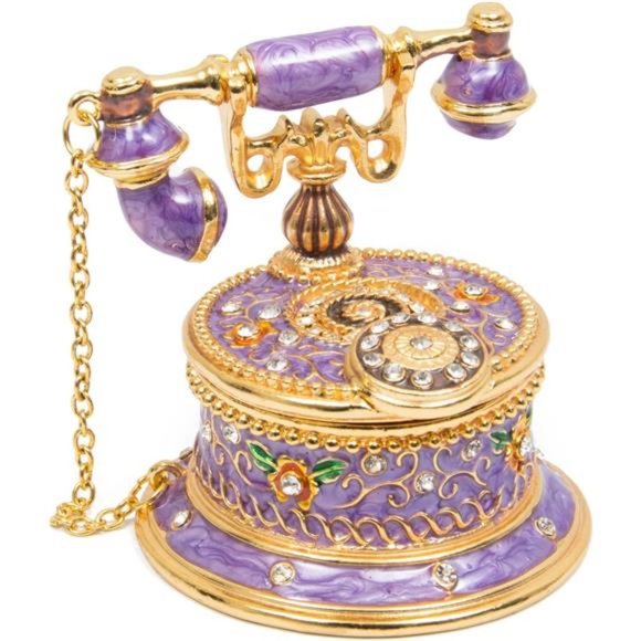 Hand Painted Enameled Telephone Decorative Hinged Jewelry Trinket Box Home Decor - Picture 1 of 6